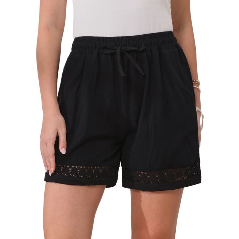 Women Summer Linen Drawstring High Waisted with Pockets Shorts Black